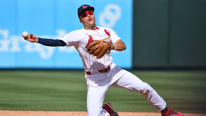 Mar 29, 2026; St. Louis, Missouri, USA; St. Louis Cardinals second baseman JJ Wetherholt (26) throws out Tampa Bay Rays left fielder Chandler Simpson (not pictured) during the seventh inning at Busch Stadium. Mandatory Credit: Jeff Curry-Imagn Images Mar 29, 2026; St. Louis, Missouri, USA; St. Louis Cardinals second baseman JJ Wetherholt (26) throws out Tampa Bay Rays left fielder Chandler Simpson (not pictured) during the seventh inning at Busch Stadium. Mandatory Credit: Jeff Curry-Imagn Images