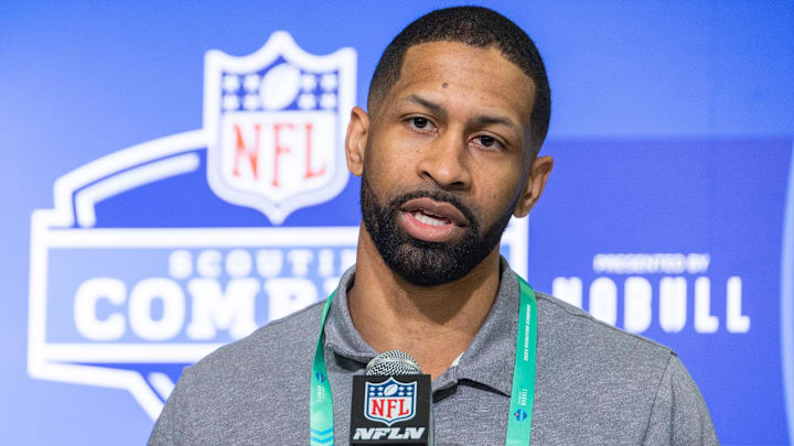 Feb 28, 2023; Indianapolis, IN, USA; Cleveland Browns general manager Andrew Berry speaks to the press at the NFL Combine at Lucas Oil Stadium. Mandatory Credit: Trevor Ruszkowski-Imagn Images