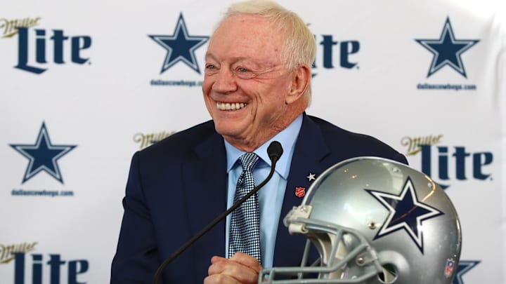 Jan 8, 2020; Frisco, Texas, USA; Dallas Cowboys owner Jerry Jones smiles as he answers questions