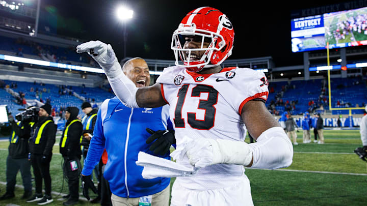 Georgia Bulldogs defensive lineman Mykel Williams celebrates after the game against the Kentucky Wildcats.