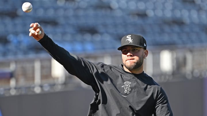 Apr 6, 2024; Kansas City, Missouri, USA;  Chicago White Sox third baseman Yoan Moncada (10) warms up prior to a game against the Kansas City Royals at Kauffman Stadium.