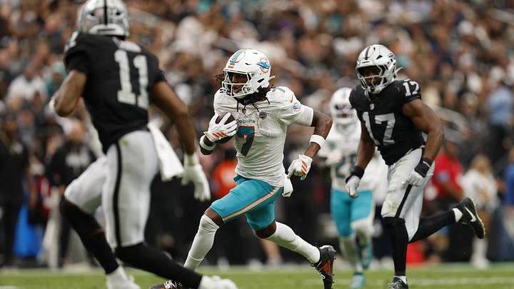 Miami Dolphins wide receiver Caleb Douglas runs with the ball in the second quarter against the Las Vegas Raiders at Allegiant Stadium. Miami Dolphins wide receiver Caleb Douglas runs with the ball in the second quarter against the Las Vegas Raiders at Allegiant Stadium.