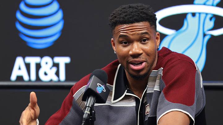 Jul 16, 2026; Miami, FL, USA; Miami Heat forward Giannis Antetokounmpo (7) speaks to reporters during his introductory press conference at Kaseya Center. Mandatory Credit: Sam Navarro-Imagn Images