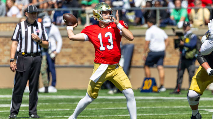 Apr 25, 2026; Notre Dame, IN, USA; Notre Dame Fighting Irish quarterback CJ Carr (13) throws a pass during the Blue-Gold game at Notre Dame Stadium. Mandatory Credit: Michael Caterina-Imagn Images