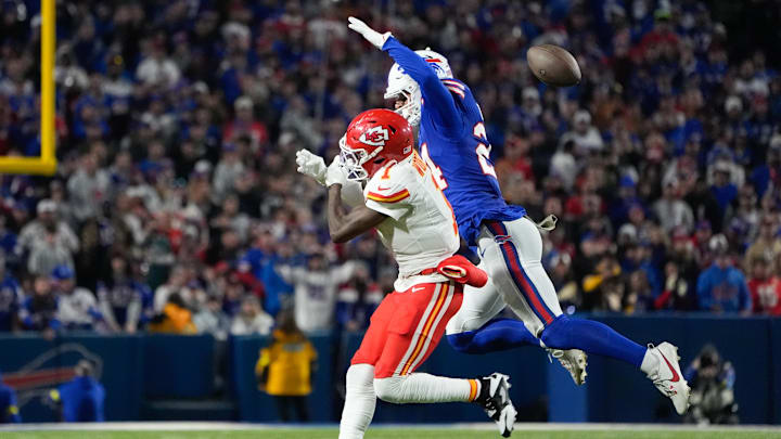 Nov 2, 2025; Orchard Park, New York, USA; Buffalo Bills safety Cole Bishop (24) breaks a pass intended for Kansas City Chiefs wide receiver Xavier Worthy (1) in the second quarter at Highmark Stadium.