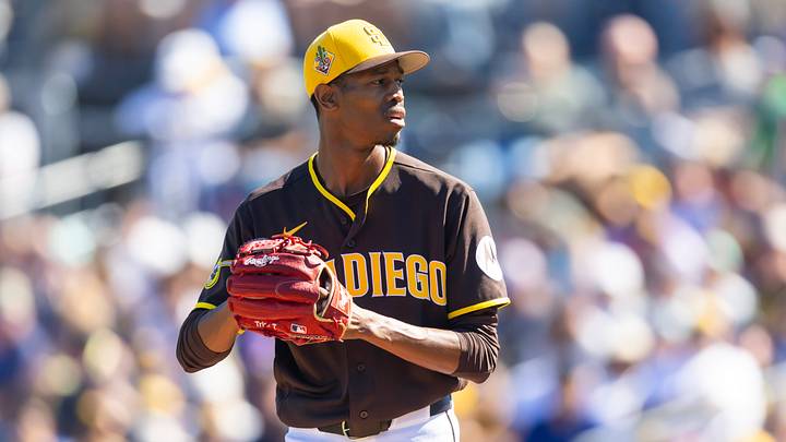 Feb 22, 2026; Peoria, Arizona, USA; San Diego Padres pitcher Triston McKenzie against the Los Angeles Dodgers during a spring training game at Peoria Sports Complex. Mandatory Credit: Mark J. Rebilas-Imagn Images