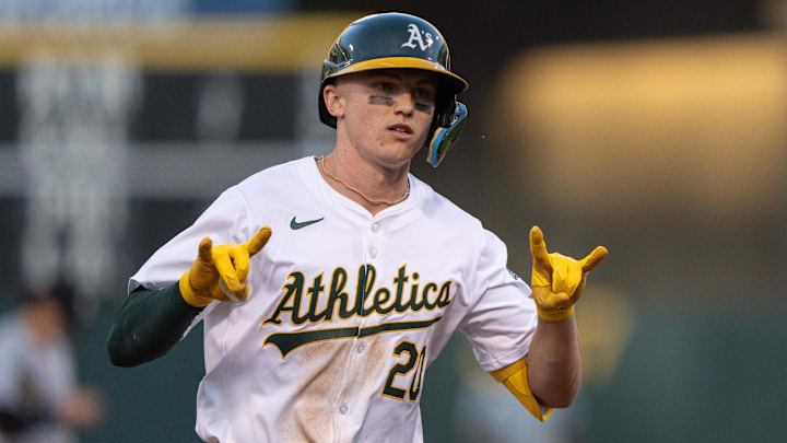 Aug 6, 2024; Oakland, California, USA;  Oakland Athletics second base Zack Gelof (20) reacts to the dugout after hitting a solo home run during the fourth inning against the Chicago White Sox at Oakland-Alameda County Coliseum. Mandatory Credit: Stan Szeto-Imagn Images