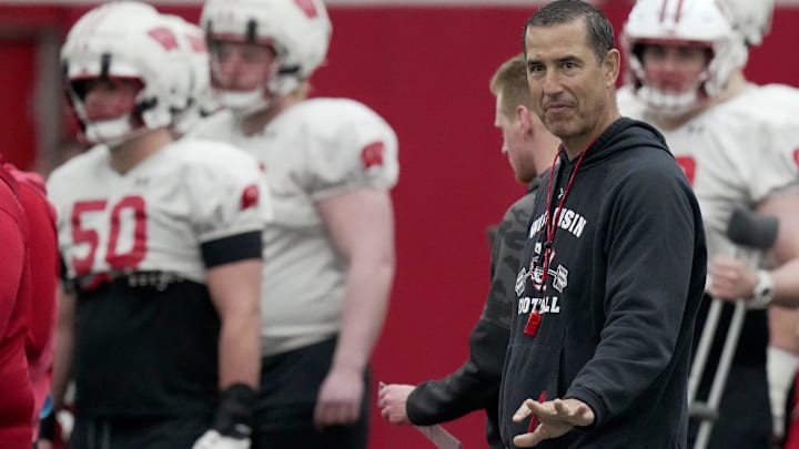 Wisconsin head football coach Luke Fickell is shown during spring football practice Thursday, April 3, 2025 in Madison, Wisconsin. Mark Hoffman/Milwaukee Journal Sentinel