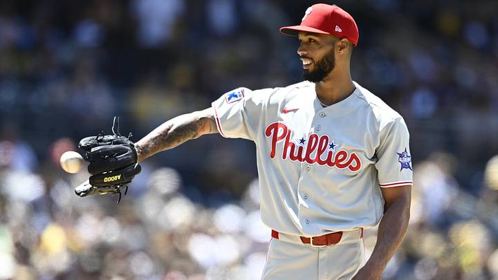 May 27, 2026; San Diego, California, USA; Philadelphia Phillies pitcher Cristopher Sanchez (61) smiles as he stands on the mound during the fourth inning against the San Diego Padres at Petco Park. Sanchez set a team record for the most consecutive scoreless innings. May 27, 2026; San Diego, California, USA; Philadelphia Phillies pitcher Cristopher Sanchez (61) smiles as he stands on the mound during the fourth inning against the San Diego Padres at Petco Park. Sanchez set a team record for the most consecutive scoreless innings.