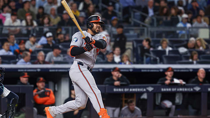 Sep 24, 2024; Bronx, New York, USA; Baltimore Orioles right fielder Anthony Santander (25) hits a solo home run during the sixth inning against the New York Yankees at Yankee Stadium. 