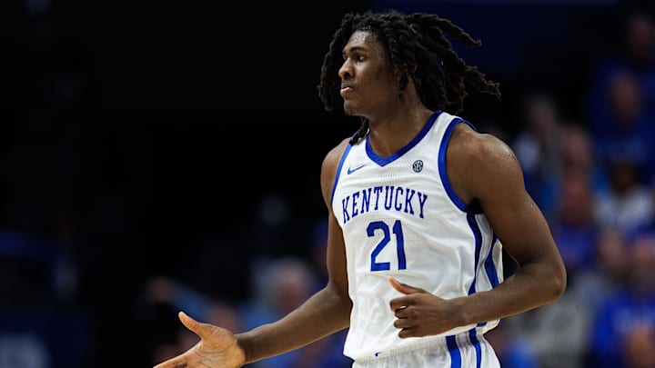 Jan 7, 2026; Lexington, Kentucky, USA; Kentucky Wildcats forward Jayden Quaintance (21) fives a teammate during the second half against the Missouri Tigers at Rupp Arena at Central Bank Center. Mandatory Credit: Jordan Prather-Imagn Images