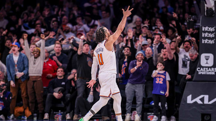 Feb 3, 2025; New York, New York, USA; New York Knicks guard Jalen Brunson (11) reacts after makes a three point basket during the second half against the Houston Rockets at Madison Square Garden. Mandatory Credit: Vincent Carchietta-Imagn Images