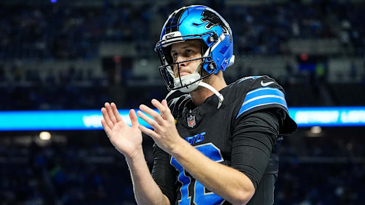 Detroit Lions quarterback Jared Goff (16) applauds for teammates during warm up before the game between Detroit Lions and Buffalo Bills at Ford Field in Detroit on Sunday, Dec. 15, 2024. Detroit Lions quarterback Jared Goff (16) applauds for teammates during warm up before the game between Detroit Lions and Buffalo Bills at Ford Field in Detroit on Sunday, Dec. 15, 2024.