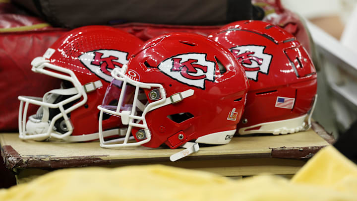 Feb 9, 2025; New Orleans, LA, USA; A detail view of Kansas City Chiefs helmets before Super Bowl LIX between the Philadelphia Eagles and the Kansas City Chiefs at Caesars Superdome. Mandatory Credit: Geoff Burke-Imagn Images