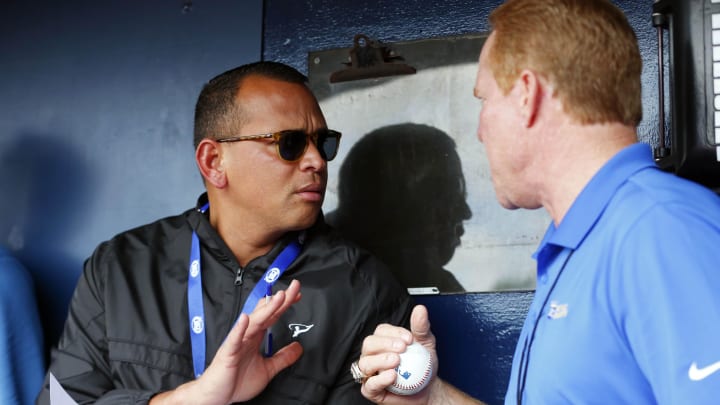 May 17, 2017; Kansas City, MO, USA; New York Yankees former third baseman Alex Rodriguez talks with broadcaster Rex Hudler before the game against the Kansas City Royals at Kauffman Stadium.