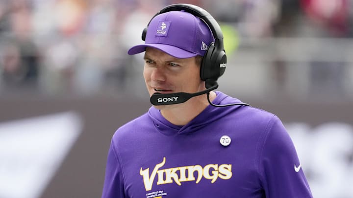 Oct 5, 2025; Tottenham, United Kingdom; Minnesota Vikings head coach Kevin O'Connell reacts after a play against the Cleveland Browns during the second quarter of an NFL International Series game at Tottenham Hotspur Stadium. Mandatory Credit: Kirby Lee-Imagn Images