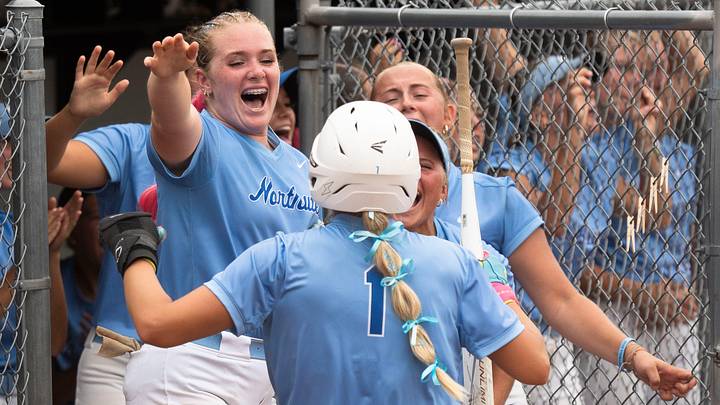 Waukee Northwest players celebrate as Aunya Van Zetten enters the dugout during the 2025 Iowa high school state softball tournament at Harlan Rogers Sports Complex on July 21, 2025, in Fort Dodge. Waukee Northwest players celebrate as Aunya Van Zetten enters the dugout during the 2025 Iowa high school state softball tournament at Harlan Rogers Sports Complex on July 21, 2025, in Fort Dodge.