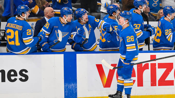 Mar 24, 2026; St. Louis, Missouri, USA; St. Louis Blues center Otto Stenberg (28) celebrates with left wing Jake Neighbours (63) left wing Dylan Holloway (81) and right wing Jimmy Snuggerud (21) after scoring against the Washington Capitals during the third period at Enterprise Center. Mandatory Credit: Jeff Curry-Imagn Images Mar 24, 2026; St. Louis, Missouri, USA; St. Louis Blues center Otto Stenberg (28) celebrates with left wing Jake Neighbours (63) left wing Dylan Holloway (81) and right wing Jimmy Snuggerud (21) after scoring against the Washington Capitals during the third period at Enterprise Center. Mandatory Credit: Jeff Curry-Imagn Images
