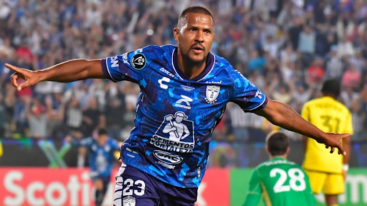 Salamón Rondón celebrates after opening the scoring for Pachuca in the Concacaf Champions Cup final against Columbus Crew. The Tuzos won 3-0, the 39th time a Liga MX team has won the region's premier club tournament.