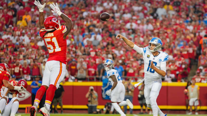 Sep 7, 2023; Kansas City, Missouri, USA; Detroit Lions quarterback Jared Goff (16) throws a pass against Kansas City Chiefs defensive end Mike Danna (51) during the first half at GEHA Field at Arrowhead Stadium. Mandatory Credit: Jay Biggerstaff-USA TODAY Sports