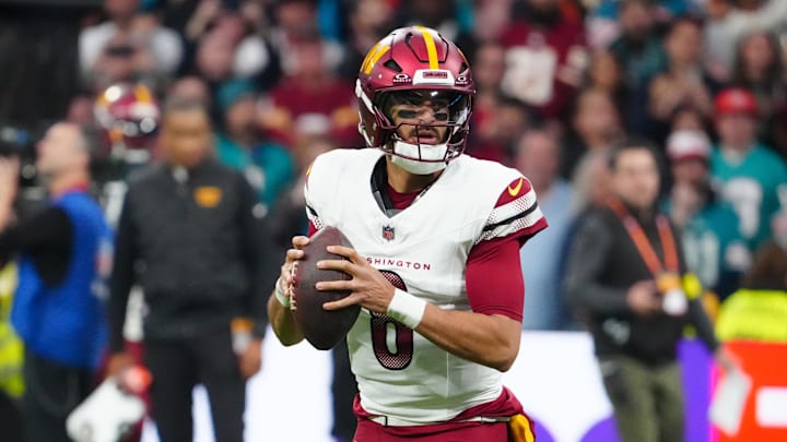 Washington Commanders quarterback Marcus Mariota. Washington Commanders quarterback Marcus Mariota.