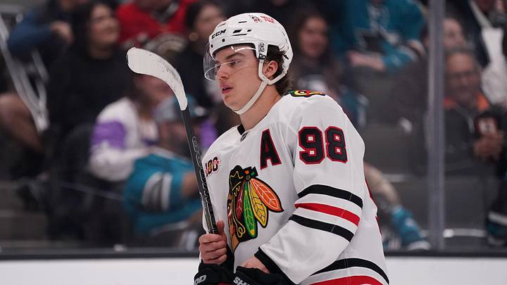 Apr 6, 2026; San Jose, California, USA;  Chicago Blackhawks center Connor Bedard (98) waits for play to resume during a game against the San Jose Sharks in the second period at SAP Center at San Jose. Mandatory Credit: David Gonzales-Imagn Images
