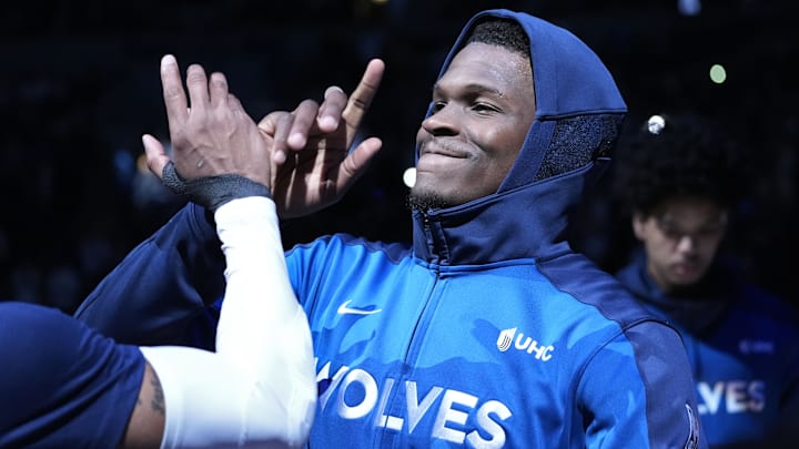 Minnesota Timberwolves guard Anthony Edwards walks onto the court during his introductions before the game against the Sacramento Kings at Target Center in Minneapolis on Feb. 3, 2025. Minnesota Timberwolves guard Anthony Edwards walks onto the court during his introductions before the game against the Sacramento Kings at Target Center in Minneapolis on Feb. 3, 2025.