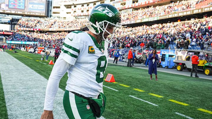 Oct 27, 2024; Foxborough, Massachusetts, USA; New York Jets quarterback Aaron Rodgers (8) exits the field after being defeated by the New England Patriots in the second half at Gillette Stadium.