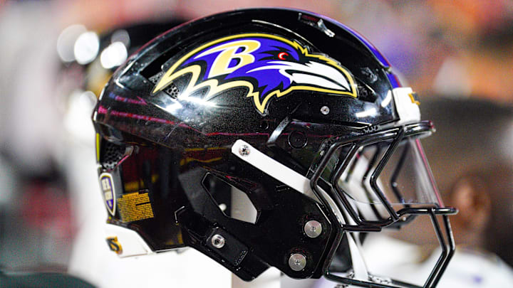 Sep 5, 2024; Kansas City, Missouri, USA; A general view of a Baltimore Ravens helmet against the Kansas City Chiefs during the first half at GEHA Field at Arrowhead Stadium. Mandatory Credit: Denny Medley-Imagn Images