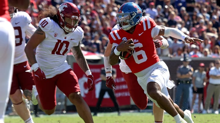 Oct 11, 2025; Oxford, Mississippi, USA; Mississippi Rebels quarterback Trinidad Chambliss (6) runs the ball for a touchdown during the third quarter against the Washington State Cougars at Vaught-Hemingway Stadium. Mandatory Credit: Petre Thomas-Imagn Images