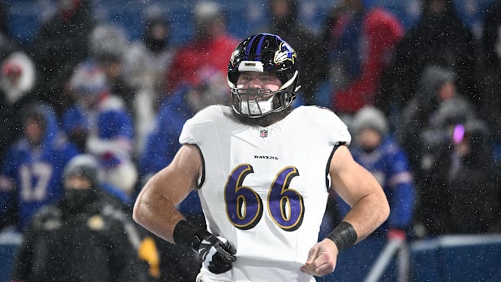 Jan 19, 2025; Orchard Park, New York, USA; Baltimore Ravens guard Ben Cleveland (66) looks on during warm ups before the game against the Buffalo Bills in a 2025 AFC divisional round game at Highmark Stadium. Mandatory Credit: Mark Konezny-Imagn Images