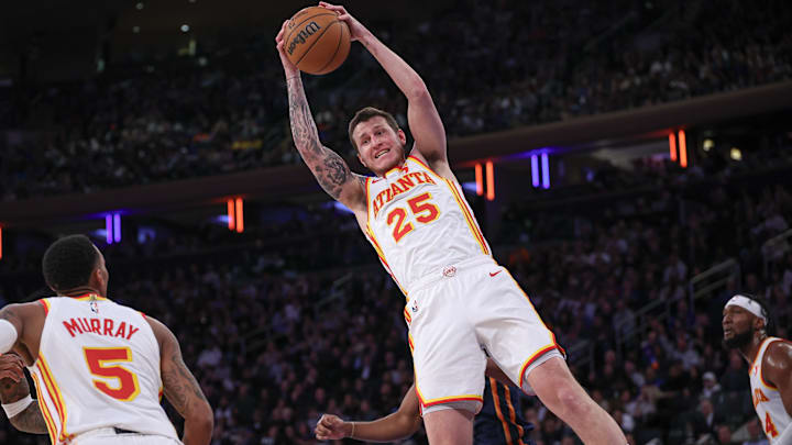 Mar 5, 2024; New York, New York, USA; Atlanta Hawks guard Garrison Mathews (25) rebounds during the second half against the New York Knicks at Madison Square Garden. Mandatory Credit: Vincent Carchietta-Imagn Images
