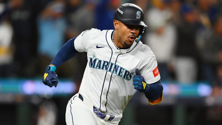Oct 5, 2025; Seattle, Washington, USA; Seattle Mariners center fielder Julio Rodriguez (44) runs after hitting an RBI double in the eighth inning against the Detroit Tigers during game two of the ALDS round for the 2025 MLB playoffs at T-Mobile Park. Mandatory Credit: Steven Bisig-Imagn Images