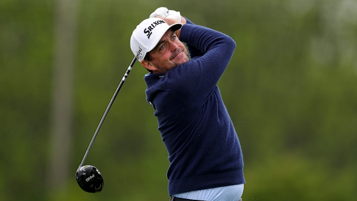 Keegan Bradley tees off during the second round of the 2025 Truist Championship