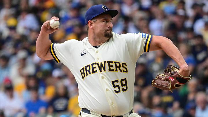 Jun 18, 2026; Milwaukee, Wisconsin, USA; Milwaukee Brewers pitcher Joel Kuhnel (59) throws a pitch in the sixth inning against the Cleveland Guardians at American Family Field. Mandatory Credit: Benny Sieu-Imagn Images Jun 18, 2026; Milwaukee, Wisconsin, USA; Milwaukee Brewers pitcher Joel Kuhnel (59) throws a pitch in the sixth inning against the Cleveland Guardians at American Family Field. Mandatory Credit: Benny Sieu-Imagn Images