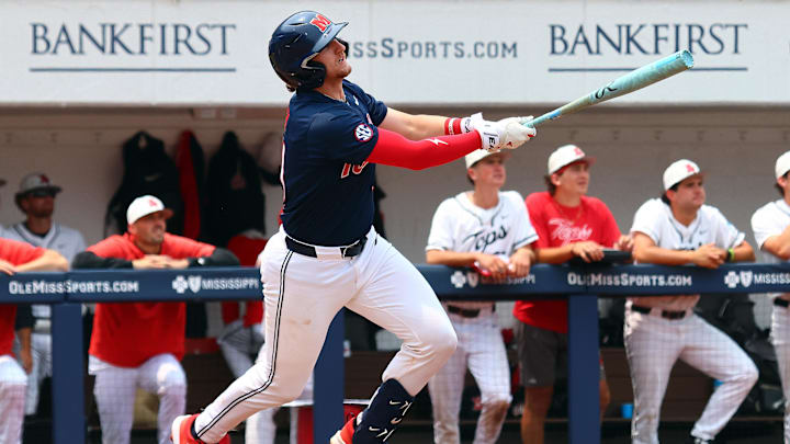 May 31, 2025; Oxford, MS, USA; Mississippi Rebels catcher Austin Fawley (24) looks after hitting a home run during the second inning against the Western Kentucky Hilltoppers. Mandatory Credit: Petre Thomas-Imagn Images