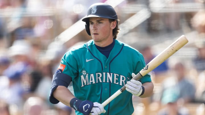 Feb 23, 2026; Phoenix, Arizona, USA; Seattle Mariners shortstop Colt Emerson against the Los Angeles Dodgers during a spring training game at Camelback Ranch-Glendale. Mandatory Credit: Mark J. Rebilas-Imagn Images