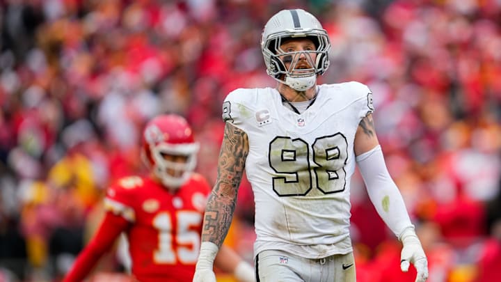 Dec 25, 2023; Kansas City, Missouri, USA; Las Vegas Raiders defensive end Maxx Crosby (98) reacts during the second half against the Kansas City Chiefs at GEHA Field at Arrowhead Stadium. Mandatory Credit: Jay Biggerstaff-Imagn Images