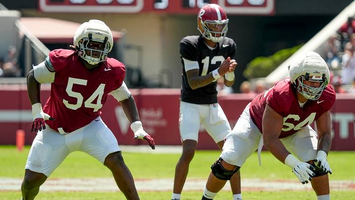 April 11, 2026; Tuscaloosa, AL, USA; Alabama offensive linemen Jayvin James and Michael Carroll drop to block at Bryant-Denny Stadium during the Alabama A Day scrimmage. April 11, 2026; Tuscaloosa, AL, USA; Alabama offensive linemen Jayvin James and Michael Carroll drop to block at Bryant-Denny Stadium during the Alabama A Day scrimmage.
