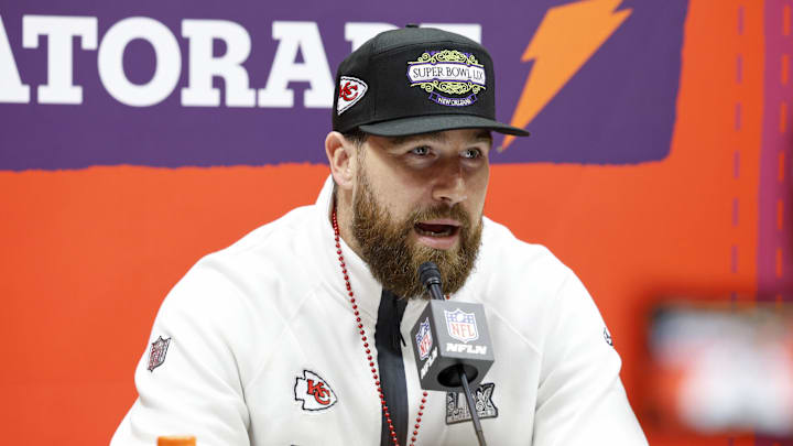 Kansas City Chiefs tight end Travis Kelce talks to the media during Super Bowl LIX opening night.