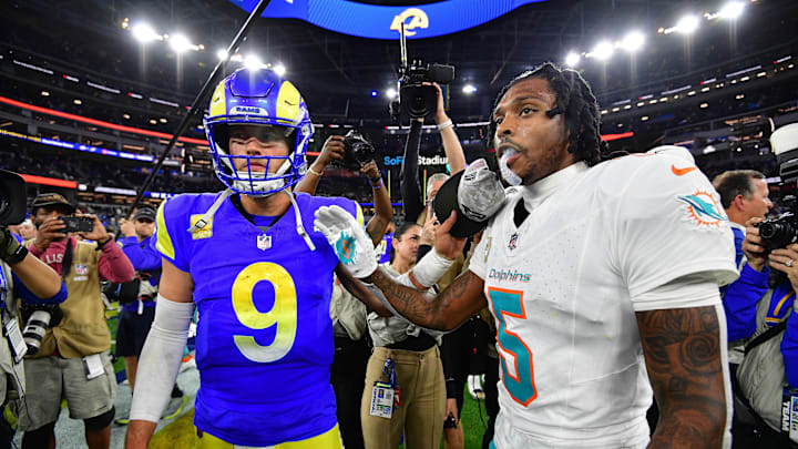 Nov 11, 2024; Inglewood, California, USA; Los Angeles Rams quarterback Matthew Stafford (9) meets with Miami Dolphins cornerback Jalen Ramsey (5) following the game at SoFi Stadium. Mandatory Credit: Gary A. Vasquez-Imagn Images Nov 11, 2024; Inglewood, California, USA; Los Angeles Rams quarterback Matthew Stafford (9) meets with Miami Dolphins cornerback Jalen Ramsey (5) following the game at SoFi Stadium. Mandatory Credit: Gary A. Vasquez-Imagn Images