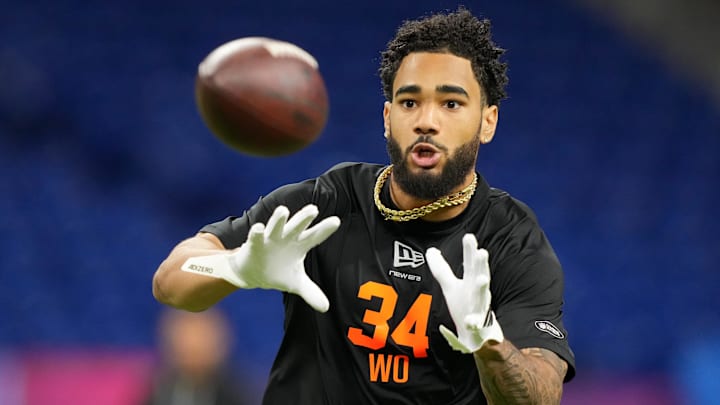 Feb 28, 2026; Indianapolis, IN, USA; Indiana wideout Elijah Sarratt (WO34) during the NFL Scouting Combine at Lucas Oil Stadium. Mandatory Credit: Kirby Lee-Imagn Images