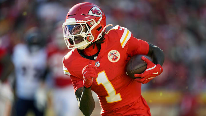 Nov 10, 2024; Kansas City, Missouri, USA; Kansas City Chiefs wide receiver Xavier Worthy (1) runs with the ball during the second half against the Denver Broncos at GEHA Field at Arrowhead Stadium. Mandatory Credit: Jay Biggerstaff-Imagn Images Nov 10, 2024; Kansas City, Missouri, USA; Kansas City Chiefs wide receiver Xavier Worthy (1) runs with the ball during the second half against the Denver Broncos at GEHA Field at Arrowhead Stadium. Mandatory Credit: Jay Biggerstaff-Imagn Images
