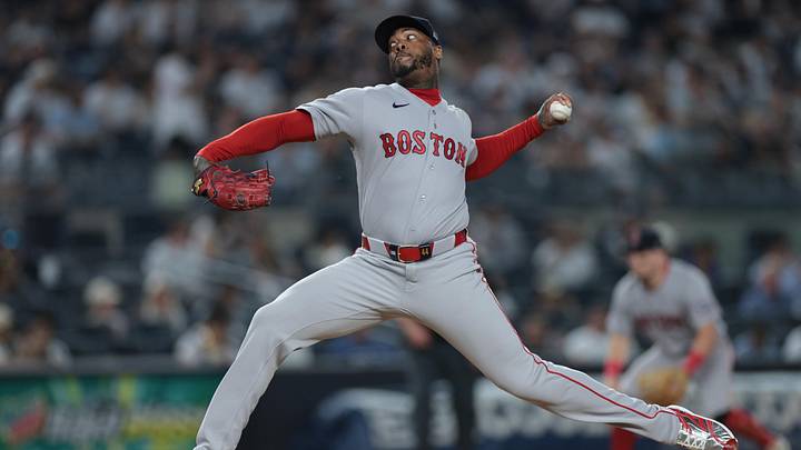 Jun 5, 2026; Bronx, New York, USA; Boston Red Sox pitcher Aroldis Chapman (44) delivers a pitch during the ninth inning against the New York Yankees at Yankee Stadium. Mandatory Credit: Vincent Carchietta-Imagn Images Jun 5, 2026; Bronx, New York, USA; Boston Red Sox pitcher Aroldis Chapman (44) delivers a pitch during the ninth inning against the New York Yankees at Yankee Stadium. Mandatory Credit: Vincent Carchietta-Imagn Images
