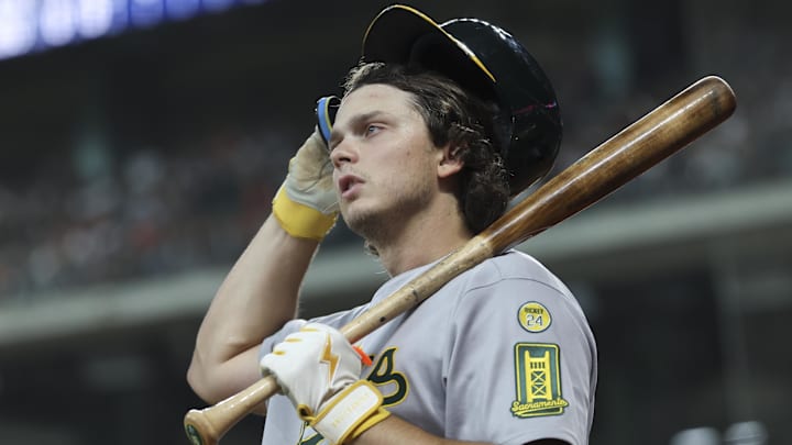 Jul 26, 2025; Houston, Texas, USA; Athletics first baseman Nick Kurtz (16) stands on deck during the third inning against the Houston Astros at Daikin Park. Mandatory Credit: Troy Taormina-Imagn Images
