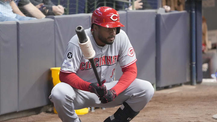 Apr 3, 2025; Milwaukee, Wisconsin, USA; Cincinnati Reds third base Jeimer Candelario (3) gathers his thoughts before his first at bat against the Milwaukee Brewers in the first inning at American Family Field. Mandatory Credit: Michael McLoone-Imagn Images Apr 3, 2025; Milwaukee, Wisconsin, USA; Cincinnati Reds third base Jeimer Candelario (3) gathers his thoughts before his first at bat against the Milwaukee Brewers in the first inning at American Family Field. Mandatory Credit: Michael McLoone-Imagn Images