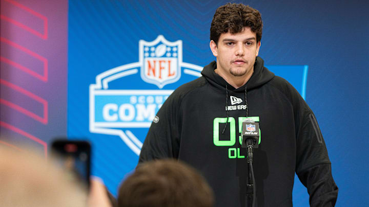 Mar 1, 2025; Indianapolis, IN, USA; Louisiana State University offensive lineman Will Campbell (OL05) answers questions at a press conference during the 2025 NFL Combine at Indiana Convention Center. Mandatory Credit: Jacob Musselman-Imagn Images