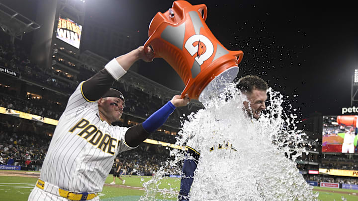 Jackson Merrill gets a celebratory shower after his huge night in Padres' comeback win.