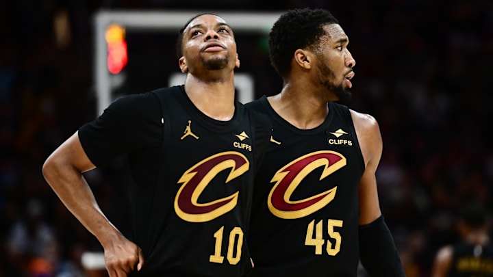 May 13, 2025; Cleveland, Ohio, USA; Cleveland Cavaliers guard Darius Garland (10) and guard Donovan Mitchell (45) react during the second half against the Indiana Pacers in game five of the second round for the 2025 NBA Playoffs at Rocket Arena. Mandatory Credit: Ken Blaze-Imagn Images