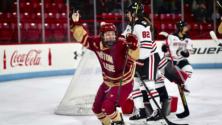 Sammy Taber celebrates after scoring a goal at Matthews Arena on Dec. 6, 2025.